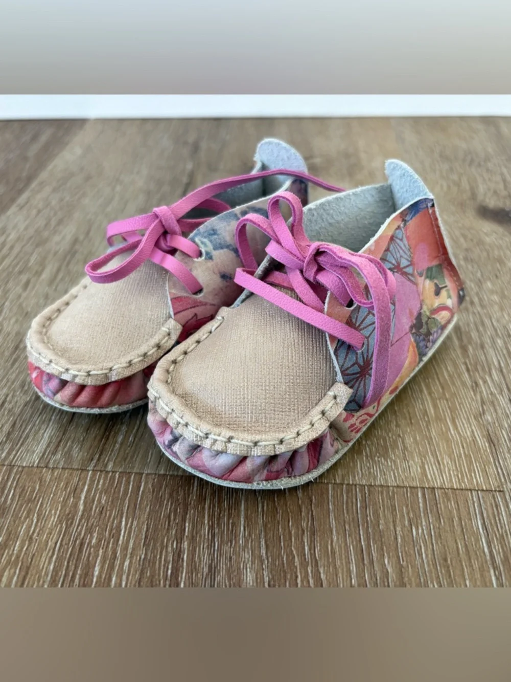 NWOT Handmade Kimono Inspired Print Genuine Leather Baby Shoes Size 12 months